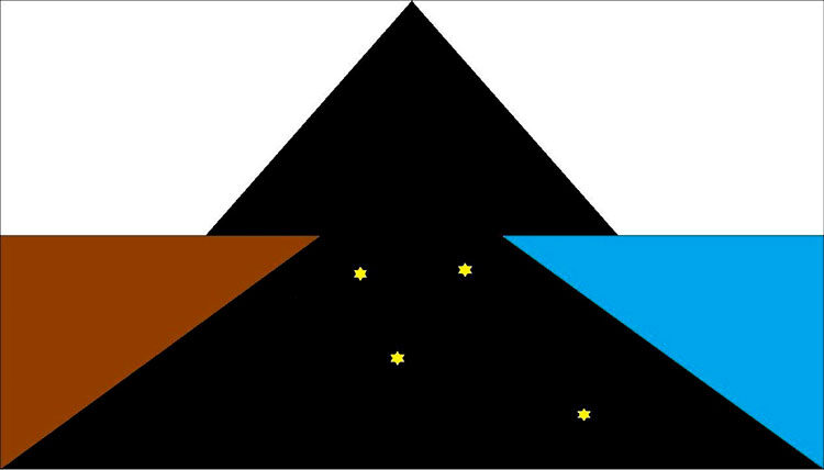 Tehuelche Flag of Santa Cruz: a black triangle with four yellow stars between white, brown and light blue fields