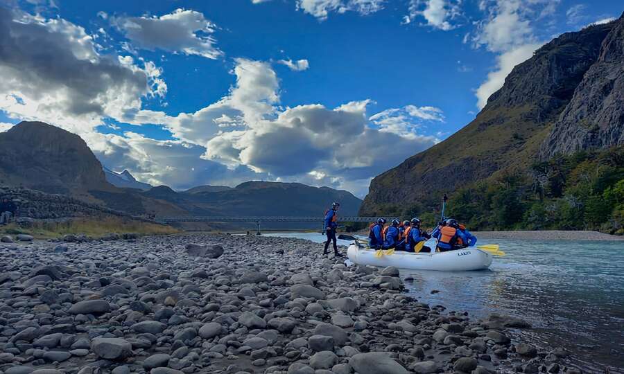 The raft ready on the shore to start paddling