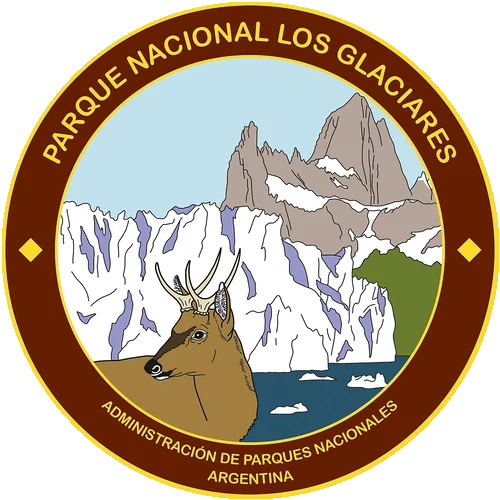 Emblem of Los Glaciares National Park, with a huemul deer, a glacier and Mount Fitz Roy