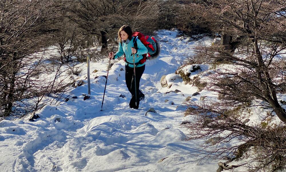 Una caminante en el sendero nevado