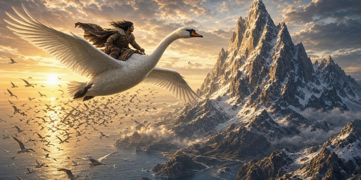 Elal vuela montado en un cisne blanco, seguido por bandadas de aves, hacia picos nevados al atardecer