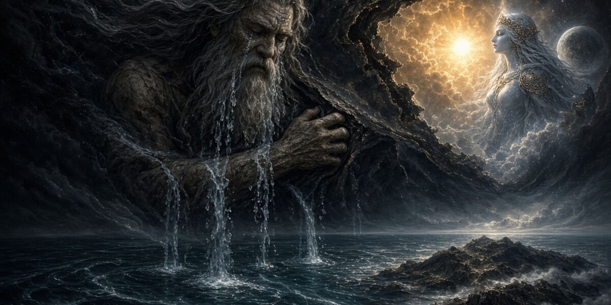 Kooch, un gigante de piedra con barba, llora sobre el mar oscuro; a lo lejos aparecen el sol y la mujer-luna