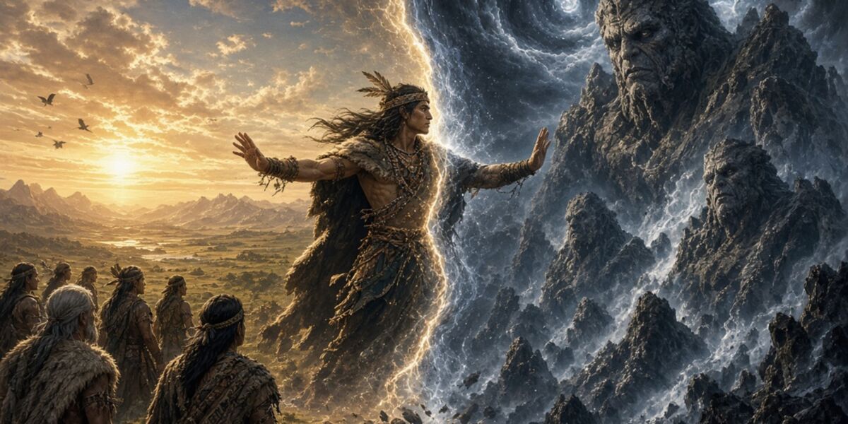 Elal, con los brazos extendidos, separa el mundo de los tehuelches, iluminado por el sol, del mundo oscuro de los gigantes de piedra