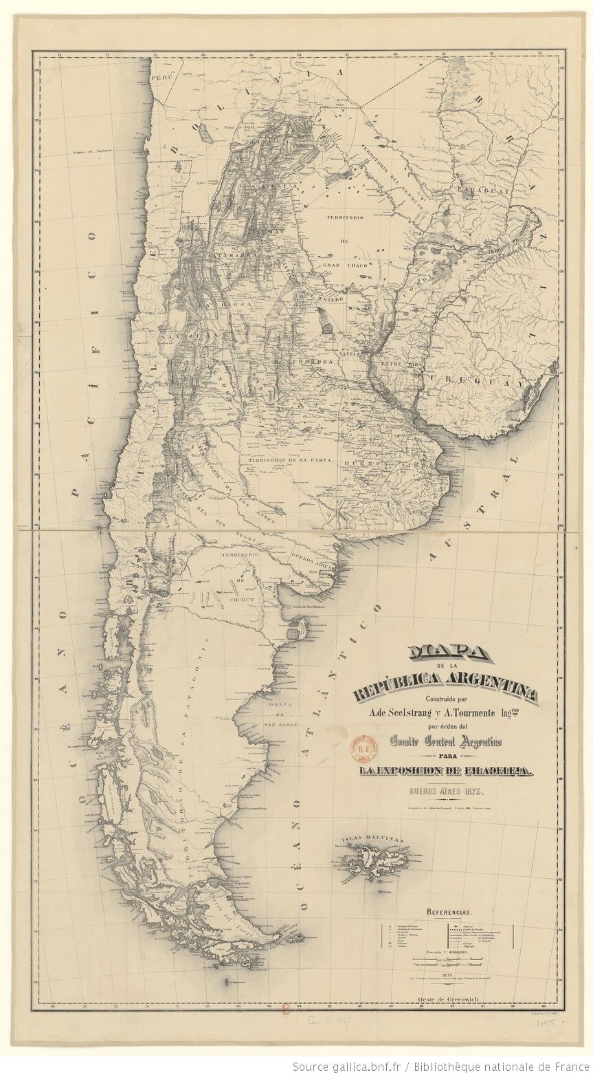 Old 1875 map of the Argentine Republic, showing Patagonia and a hand-drawn boundary line