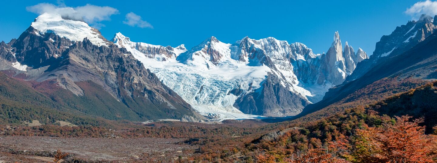 Cerro Torre and the Grande glacier from Mirador del Torre, among the autumn colours