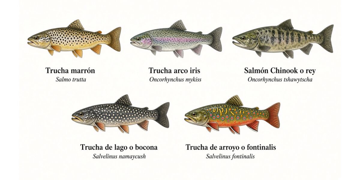 Ilustración de las cinco especies: trucha marrón, trucha arco iris, salmón Chinook, trucha de lago y trucha de arroyo, con sus nombres científicos