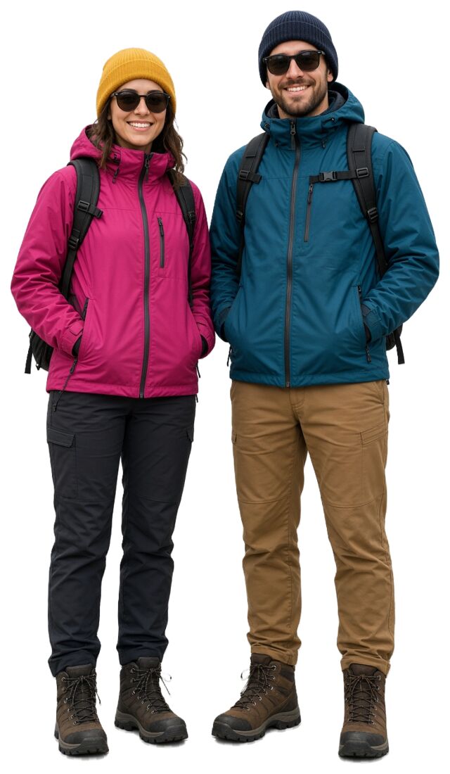 Pareja de excursionistas con campera impermeable, gorro de lana, anteojos de sol, mochila y botas de trekking