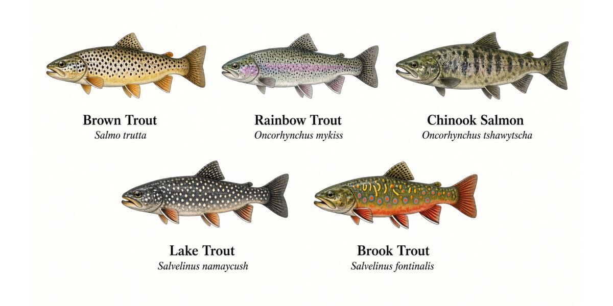 Illustration of the five species: brown trout, rainbow trout, Chinook salmon, lake trout and brook trout, with their scientific names